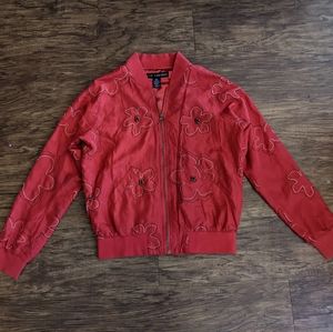 Anne Carson Silk Floral Embroidered Red Bomber Jacket